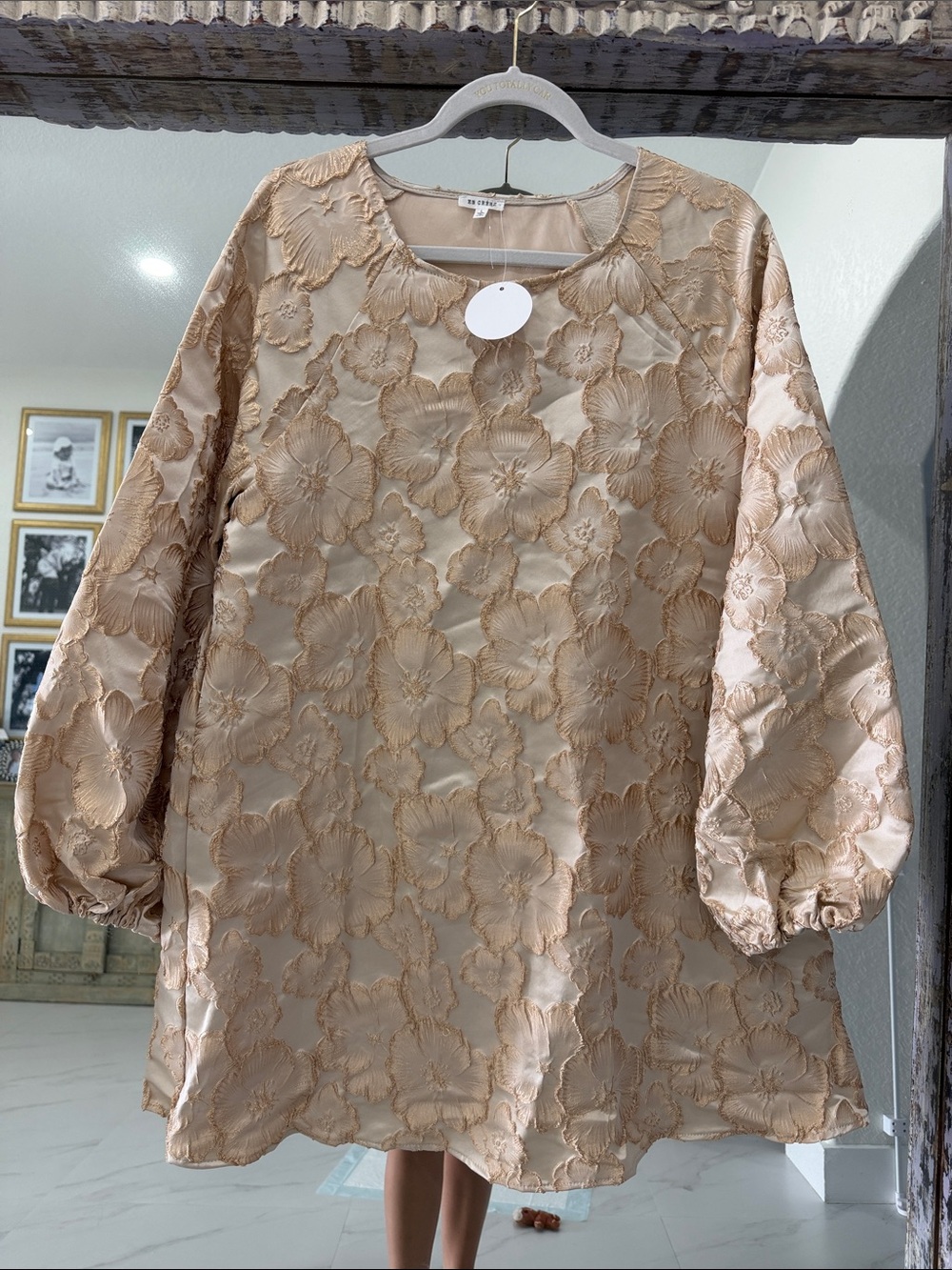 En Creme Gold Floral Appliqué Dress with Bubble Sleeves